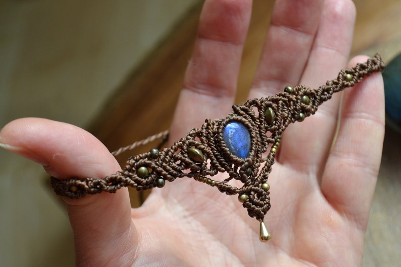 Macrame Choker Labradorite,Necklace Labradorite Macrame,Gipsy,Tiara,Macrame Necklace,boho,hippie,Festival,tribal,Medieval,Moonstone