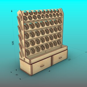 Puede incluir: Estante de pintura de madera con 32 ranuras y dos cajones. El estante mide 82,8 cm de alto, 24,6 cm de ancho y 80,5 cm de profundidad.