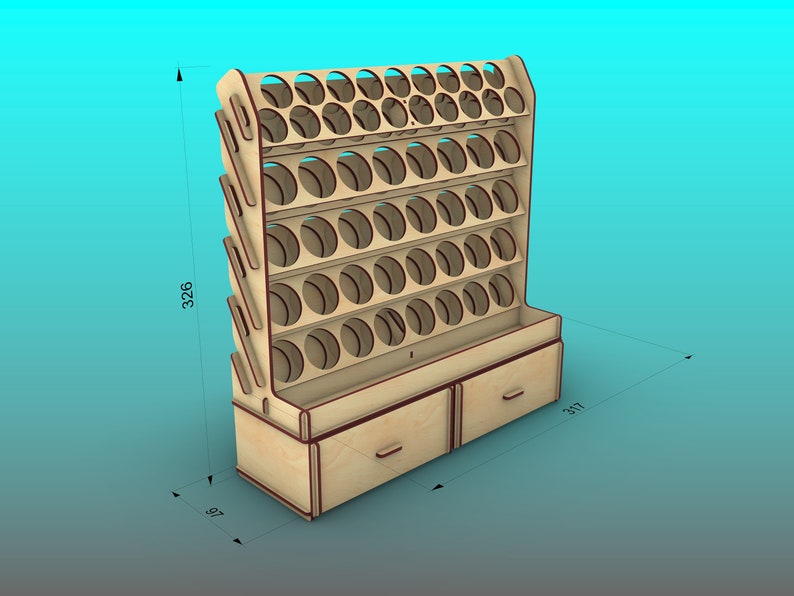 Puede incluir: Estante de pintura de madera con 32 ranuras y dos cajones. El estante mide 82,8 cm de alto, 24,6 cm de ancho y 80,5 cm de profundidad.