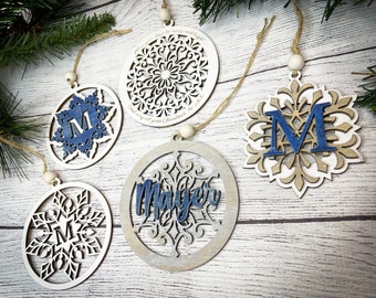 Personalized Custom Snowflake Ornaments, Wooden Ornaments, Personalized Initial Rock Rose Trading Co