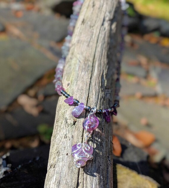 Amethyst, and sterling silver pendant with florite chip beads and hematite hand strung necklace