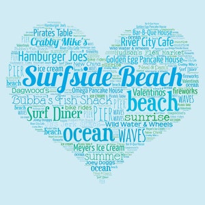 May include: A blue and green word cloud shaped like a heart, with the words "Surfside Beach" in the center. The word cloud includes words related to the beach, such as "ocean", "waves", "ice cream", "pier", "sunrise", "fireworks", "summer", and "bike rides".