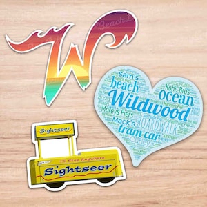 May include: A set of three stickers featuring a yellow and red 'W' with a sunset, a blue heart with the words 'Wildwood' and 'Boardwalk' in a word cloud, and a yellow cartoon ice cream truck with the words 'Sightseer' on it.