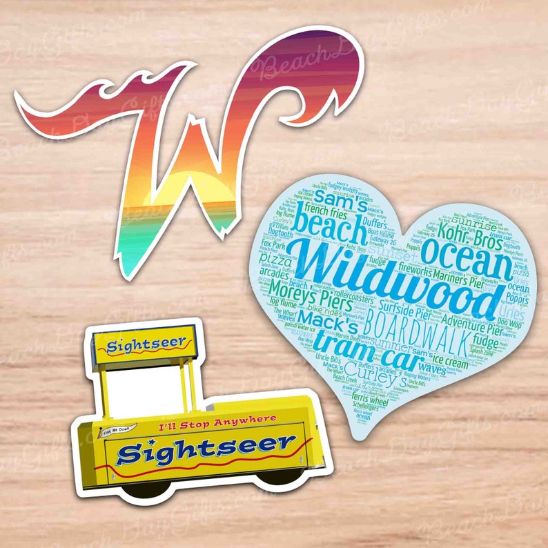 May include: A set of three stickers featuring a yellow and red 'W' with a sunset, a blue heart with the words 'Wildwood' and 'Boardwalk' in a word cloud, and a yellow cartoon ice cream truck with the words 'Sightseer' on it.