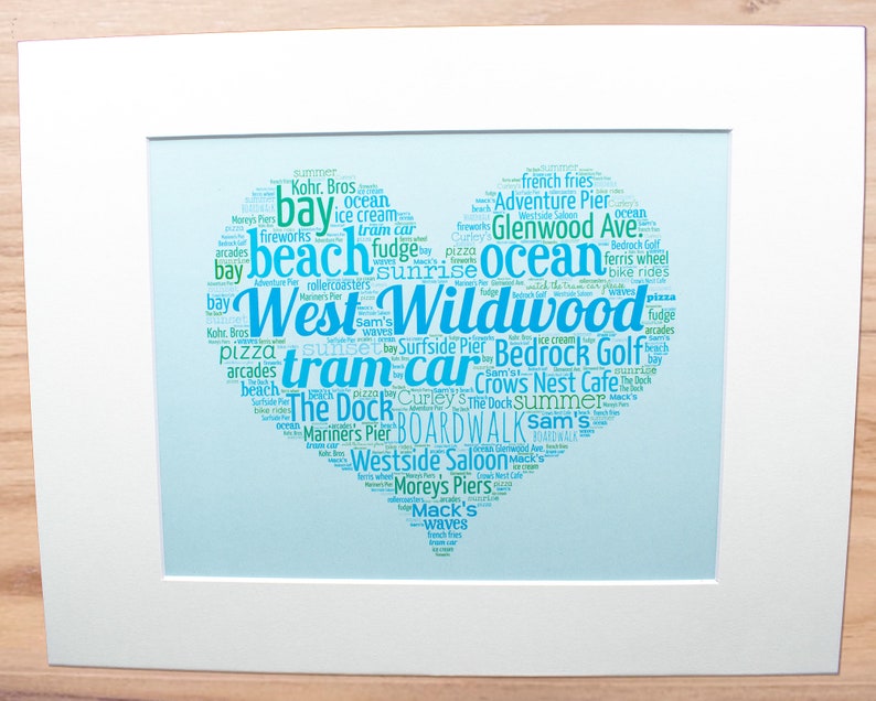 Pode incluir: Uma nuvem de palavras azul e verde com as palavras "West Wildwood" no centro. A nuvem de palavras tem a forma de um cora&ccedil;&atilde;o e inclui palavras relacionadas &agrave; praia, ao cal&ccedil;ad&atilde;o e &agrave;s atra&ccedil;&otilde;es de Wildwood, Nova Jersey.