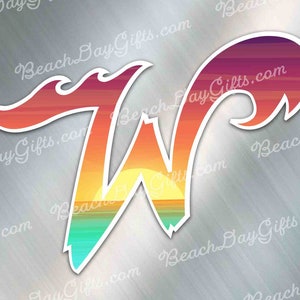May include: A stylized letter W with a sunset gradient design. The letter is outlined in white and has a wave-like design at the top. The background is a brushed metal surface.