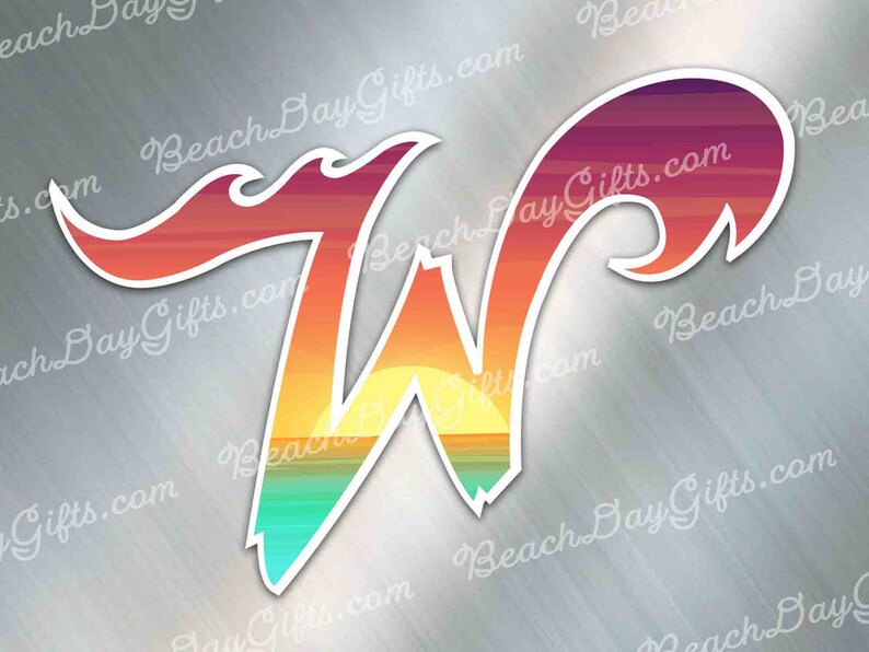 May include: A stylized letter W with a sunset gradient design. The letter is outlined in white and has a wave-like design at the top. The background is a brushed metal surface.