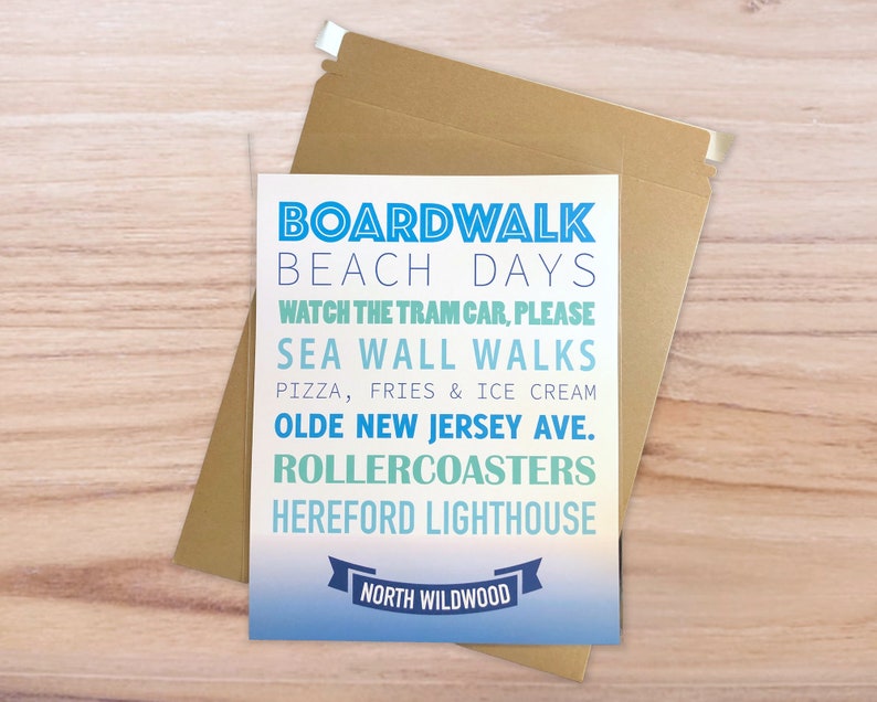 May include: A blue and white postcard with a gradient background. The text on the postcard reads "Boardwalk Beach Days", "Watch the Tram Car, Please", "Sea Wall Walks", "Pizza, Fries & Ice Cream", "Olde New Jersey Ave.", "Rollercoasters", "Hereford Lighthouse", and "North Wildwood".