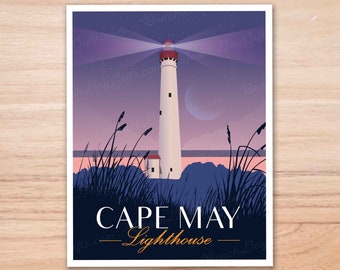 May include: A vintage-style illustration of the Cape May Lighthouse in New Jersey. The lighthouse is white with a red roof and is surrounded by tall grass. The sky is a purple gradient with stars and a crescent moon. The text "CAPE MAY Lighthouse" is at the bottom of the image.