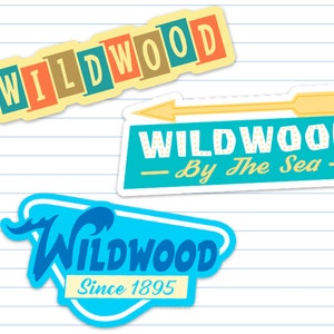 May include: Three vintage-style stickers with the text "Wildwood" in different colors and fonts. The top sticker has a yellow background with red, orange, and blue letters. The middle sticker has a blue background with a yellow arrow pointing to the right and the text "Wildwood - By The Sea -" in white. The bottom sticker has a blue background with a white wave and the text "Wildwood Since 1895" in white.