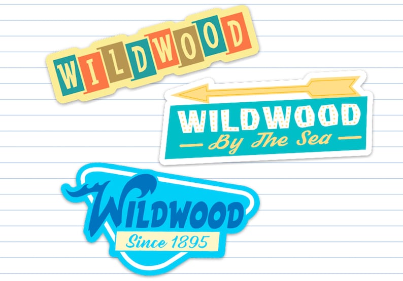 May include: Three vintage-style stickers with the text "Wildwood" in different colors and fonts. The top sticker has a yellow background with red, orange, and blue letters. The middle sticker has a blue background with a yellow arrow pointing to the right and the text "Wildwood - By The Sea -" in white. The bottom sticker has a blue background with a white wave and the text "Wildwood Since 1895" in white.