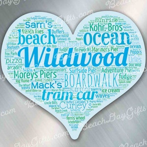 May include: A blue and green heart-shaped word cloud with the text "Wildwood" in the center. The word cloud includes words related to the Wildwood, New Jersey boardwalk, such as "beach", "ocean", "boardwalk", "rides", "ice cream", "fudge", and "tram car".