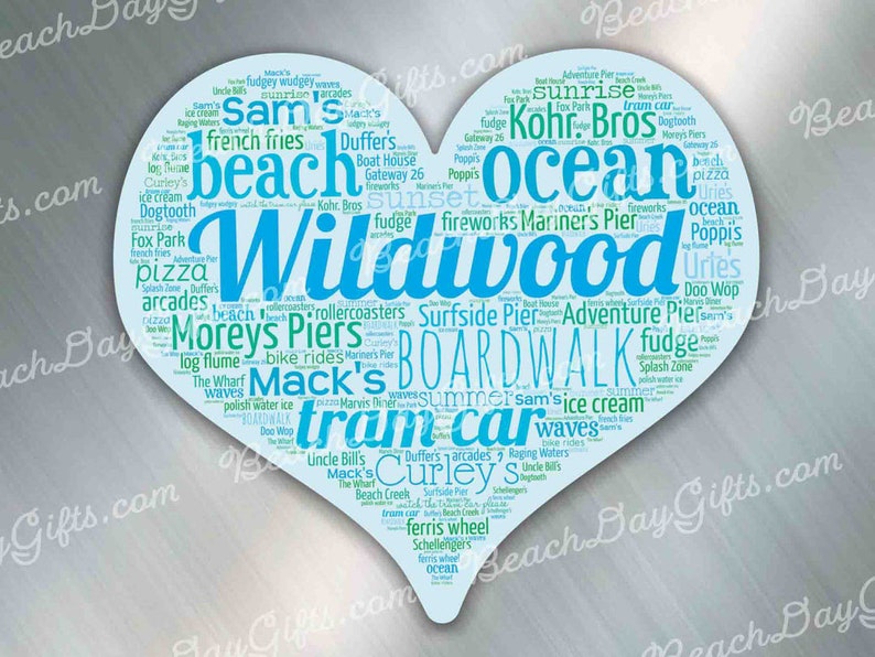 May include: A blue and green heart-shaped word cloud with the text "Wildwood" in the center. The word cloud includes words related to the Wildwood, New Jersey boardwalk, such as "beach", "ocean", "boardwalk", "rides", "ice cream", "fudge", and "tram car".
