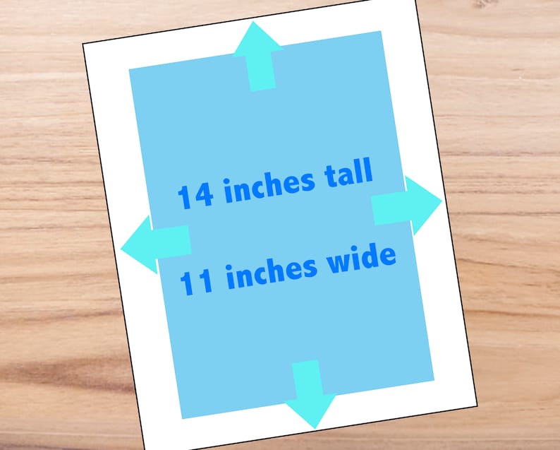 May include: A light blue rectangle with white arrows pointing to the sides and top. The rectangle is labeled "14 inches tall" and "11 inches wide".