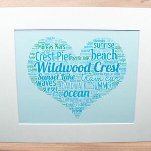 May include: A blue and green word cloud in the shape of a heart, with the words "Wildwood Crest" in the center. The word cloud includes other words related to the city of Wildwood Crest, New Jersey, such as "beach", "ocean", "sunset", "waves", "boardwalk", "summer", "pizza", "ice cream", "bike rides", "tram car", "rollercoasters", "Moreys Piers", "Crest Pier", "Pacific Ave", "Cresse Ave", and "Centennial Park".