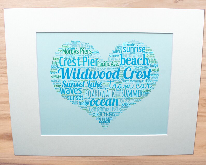 May include: A blue and green word cloud in the shape of a heart, with the words "Wildwood Crest" in the center. The word cloud includes other words related to the city of Wildwood Crest, New Jersey, such as "beach", "ocean", "sunset", "waves", "boardwalk", "summer", "pizza", "ice cream", "bike rides", "tram car", "rollercoasters", "Moreys Piers", "Crest Pier", "Pacific Ave", "Cresse Ave", and "Centennial Park".