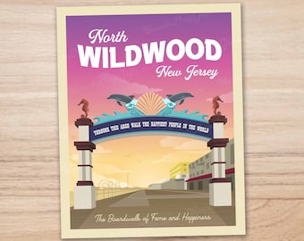 North Wildwood NJ Boardwalk Arch Art Print – New Jersey, Purple Dawn (11x14)