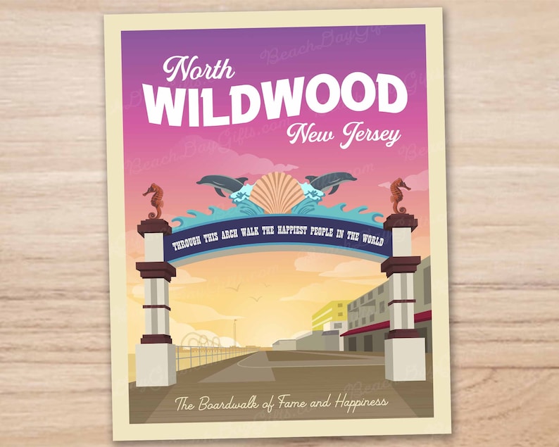 May include: A retro poster for North Wildwood, New Jersey, depicting a sunset over a boardwalk. The archway is inscribed with "Through this arch walk the happiest people in the world." The text "The Boardwalk of Fame and Happiness" is at the bottom.