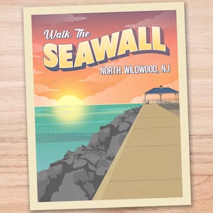 May include: A vintage-style travel poster with a sunset scene over the ocean. The poster says "Walk the Seawall, North Wildwood, NJ".