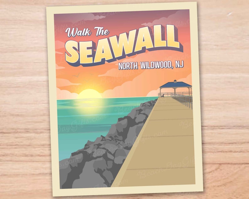 May include: A vintage-style travel poster with a sunset scene over the ocean. The poster says "Walk the Seawall, North Wildwood, NJ".