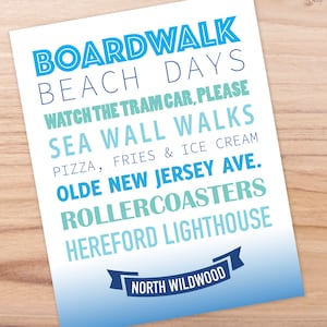 May include: A blue and white graphic print with the text "Boardwalk Beach Days" and other text about North Wildwood, New Jersey.