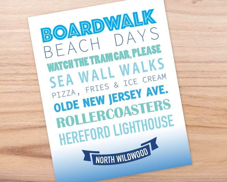 May include: A blue and white graphic print with the text "Boardwalk Beach Days" and other text about North Wildwood, New Jersey.