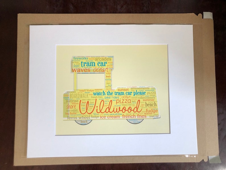 K&ouml;nnte beinhalten: Eine gelbe und orangefarbene Wortwolke in Form einer Stra&szlig;enbahn mit dem Wort "Wildwood" in der Mitte. Die Wortwolke enth&auml;lt W&ouml;rter wie "Strand", "Ozean", "Stra&szlig;enbahn", "Pommes Frites", "Eiscreme", "Riesenrad", "Achterbahn", "Fudge", "Pizza", "Sonnenuntergang", "Vergn&uuml;gungen", "Promenade", "Sonnenaufgang", "Ufer", "Wellen", "Feuerwerk", "Spielhallen" und "Bitte die Stra&szlig;enbahn beobachten".