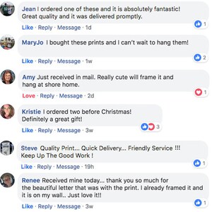 May include: Screenshots of positive customer reviews for a shop selling prints. The reviews highlight the quality of the prints, the speed of delivery, and the friendly customer service. One review mentions receiving a beautiful letter with the print.