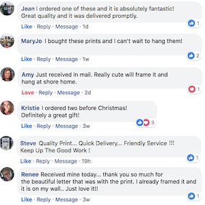 K&ouml;nnte beinhalten: Screenshots von positiven Kundenrezensionen f&uuml;r einen Shop, der Drucke verkauft. Die Rezensionen heben die Qualit&auml;t der Drucke, die Geschwindigkeit der Lieferung und den freundlichen Kundenservice hervor. Eine Rezension erw&auml;hnt den Erhalt eines sch&ouml;nen Briefes mit dem Druck.