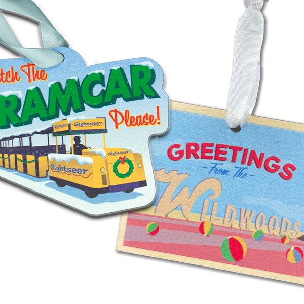 Wildwood Ornament Combo Pack - Tramcar + Greetings Postcard - Made of Wood w/ White Ribbon