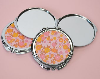 Floral Compact Mirror in Pink | 1960s Style Pocket Mirror