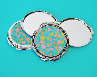Blue Floral Compact Mirror | Retro 1960s Style Pocket Mirror