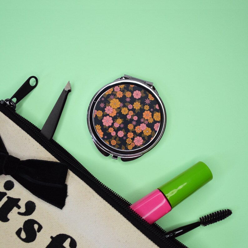 Floral Wallpaper Compact Mirror in Black Cute Pocket Mirror Etsy