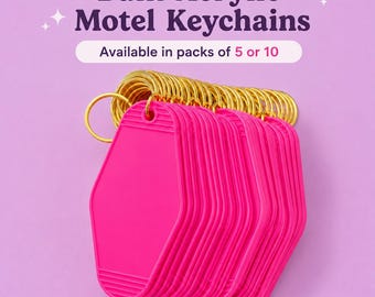 May include: A collection of hot pink acrylic motel keychains with gold-colored metal rings. The text Bulk Acrylic Motel Keychains and Available in packs of 5 or 10 is displayed above the keychains against a light purple background.