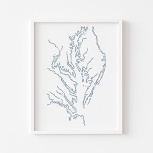 Art de la baie de Chesapeake, impression de carte imprimable de la côte est, aquarelle des voies navigables de Virginie, cadeaux pour les nouveaux propriétaires, affiche de carte de l'État, peinture de voyage
