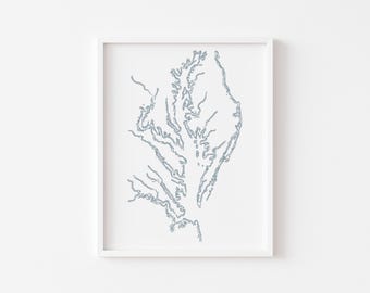 Lámina artística con mapa de la bahía de Chesapeake, acuarela de la costa este (descarga digital)