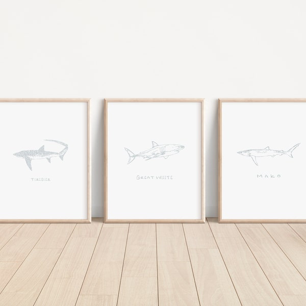 Shark Nursery Prints, Shark Poster, Ocean Themed Nursery, Printable Shark Species Wall Art, Shark Art, Set of Three Nursery Prints, Sharks
