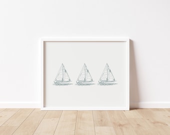 Pintura de velero imprimible, impresión de velero náutico, velas de acuarela, dibujo de velero, arte de vela, pintura de barcos, decoración temática de playa