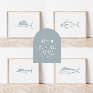 BUNDLE All Blue Deep Sea Fishing Print, PRINTABLE Fish Art, Gift for Fisherman, Deep Sea Fish Decor, Sailfish, Tuna, Marlin, Mahi Watercolor