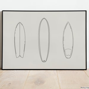May include: A black framed print with a minimalist line drawing of three surfboards on a light gray background.