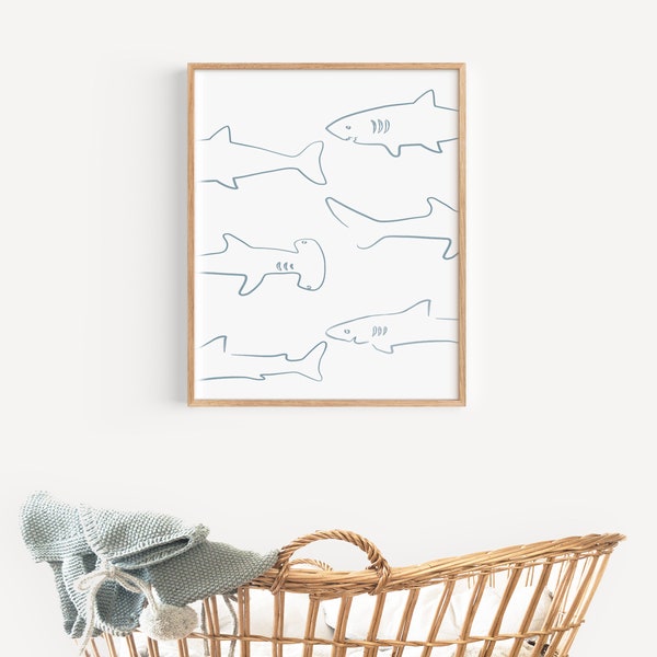 Shark Wall Art, Shark Nursery Print, Great White, Hammerhead, Nautical Nursery Prints, Shark Art, Shark Theme Nursery, Kids Bathroom Prints