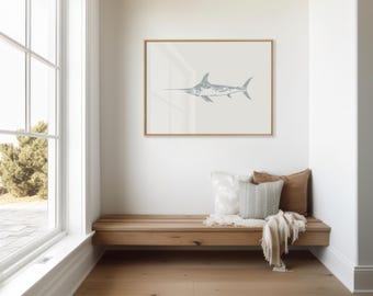 Impresión de pez espada azul, arte imprimible de pez espada, arte mural de pescador, decoración costera, póster minimalista de pez espada, regalos para él