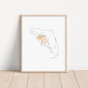 Impression de carte de la Floride, contour de la Floride à imprimer, art mural silhouette de l'État de Floride, cadeau de pendaison de crémaillère côtière, aquarelle Bienvenue au paradis