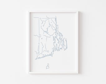 Arte costero de Rhode Island, mapa costero imprimible, acuarela de las vías fluviales de Rhode Island, regalos para nuevos propietarios.