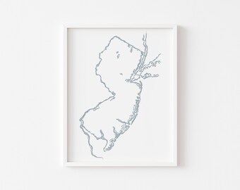 Arte de la costa de Nueva Jersey, mapa imprimible de NJ, acuarela de las vías fluviales de Nueva Jersey, regalos para nuevos propietarios.