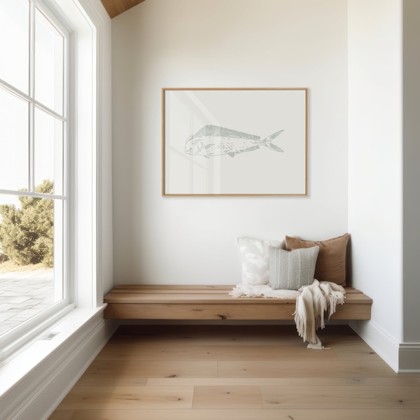 Mahi Mahi Wall Art, Regalos para papá, Arte lineal de acuarela, Regalos para pescadores, Impresión de peces deportivos, Pintura de delfines, Impresión de arte Mahi Mahi