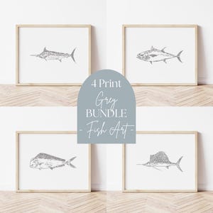 BUNDLE All Grey Deep Sea Fishing Print, PRINTABLE Fish Art, Gift for Fisherman, Deep Sea Fish Decor, Sailfish, Tuna, Marlin, Mahi Watercolor