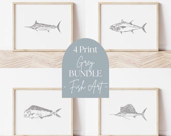BUNDLE All Grey Deep Sea Fishing Print, PRINTABLE Fish Art, Gift for Fisherman, Deep Sea Fish Decor, Sailfish, Tuna, Marlin, Mahi Watercolor