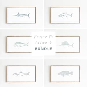 May include: A set of five framed illustrations of different fish species, including a marlin, tuna, mahi-mahi, sailfish, and grouper. The frames are all the same size and have a light wood finish. The text "Frame TV Artwork Bundle" is displayed in the center of the image.