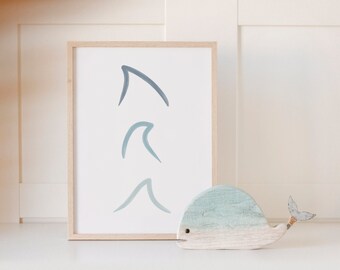 Blue Fins Nursery Print, Coastal Kids Room Wall Art, PRINTABLE Watercolor Shark Fin, Nursery Poster, Kids Coastal Bathroom Print